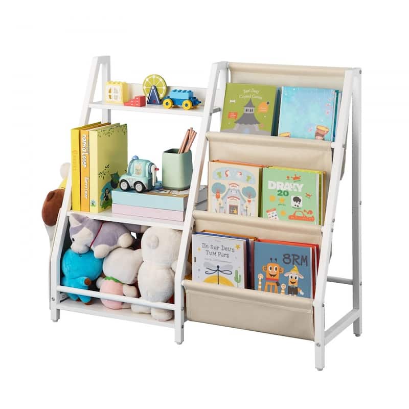 White-Beige Kids Bookshelf and Toy Storage Organizer with 7 Compartments - 33.46 x 11.81 x 29.72 in