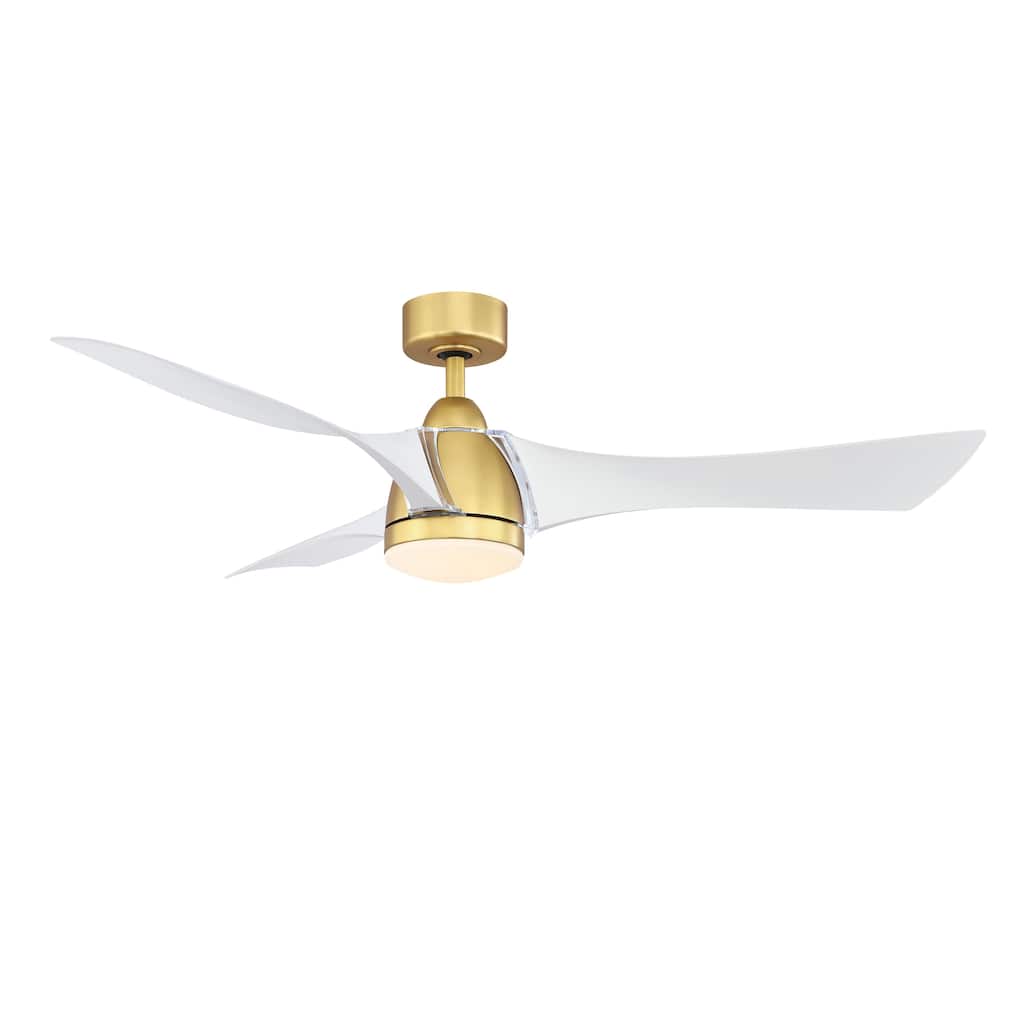Klear 56 inch Indoor/Outdoor Ceiling Fan with Matte White Blades and LED CCT Select Light Kit - Brushed Satin Brass
