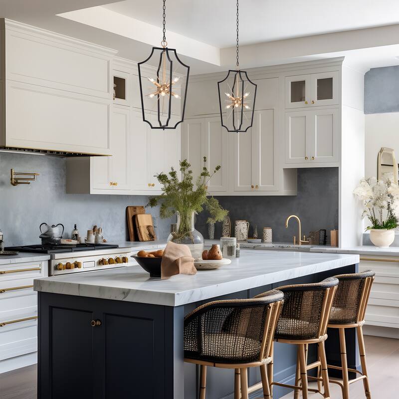 Modern Elegance 6-Light Geometric Black Frame Chandelier with Gold Starburst Pendant Kitchen Island for Dining Room