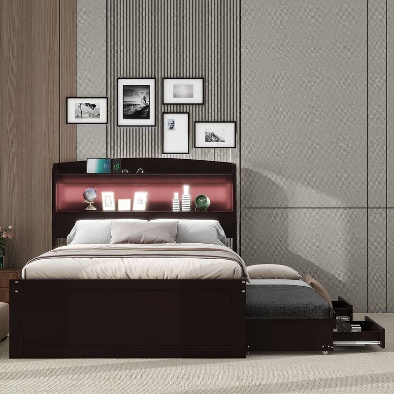 Twin XL Platform Bed with Storage, LED Headboard, Charging Station, Trundle, and Drawers, Dark Brown