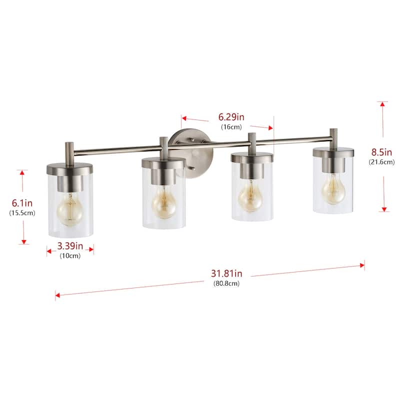 4-Lights Clear Glass Shade Electroplated Matte Nickel Bathroom Vanity Lighting - 31.8"D×4.7"W×8.5"H