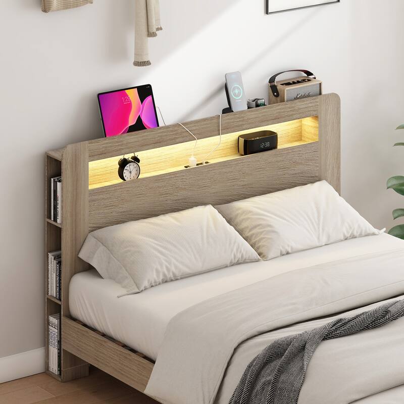 Wood Platform Bed Frame with Storage LED Light, King/Full/Queen Bed