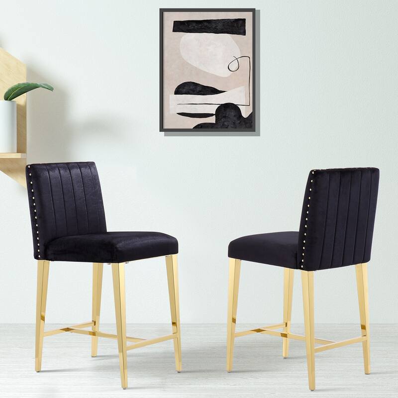 Counter Height Bar Stools Luxury Island Counter Bar Stool Chairs Kitchen Counter-Height Stool with Gold Stainless Steel Legs - Black