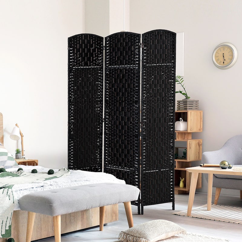 HomCom 6' Tall Wicker Weave Three Panel Room Divider Privacy Screen - Black Wood - Black