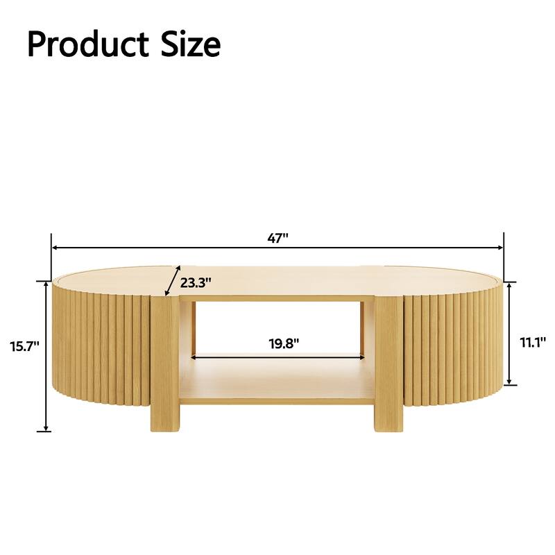 47" Oval Fluted Coffee Table with Storage, Rubber Wood, 1 Shelf & 2 Doors - Natural