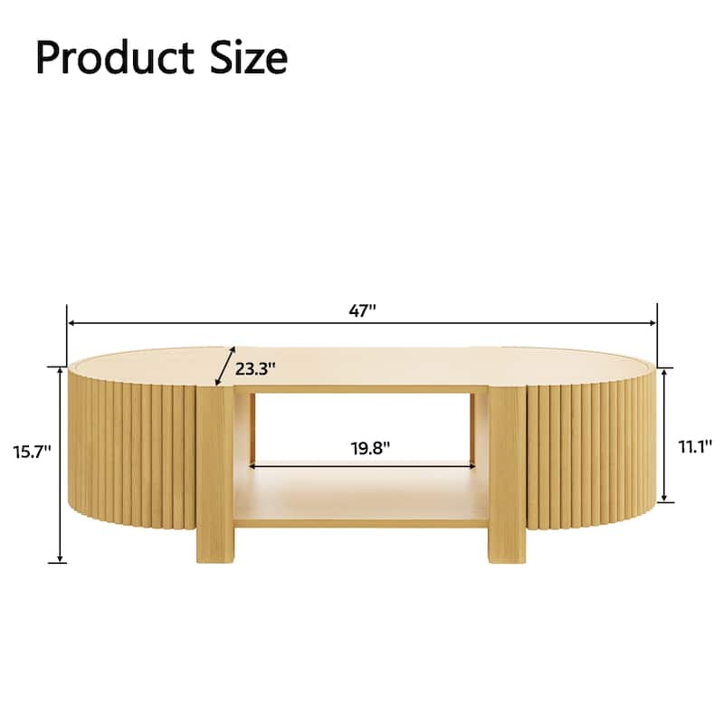 Oval Fluted Coffee Table Sofa Table with Storage for Living Room, Natural End Table Center Table with Open Shelf