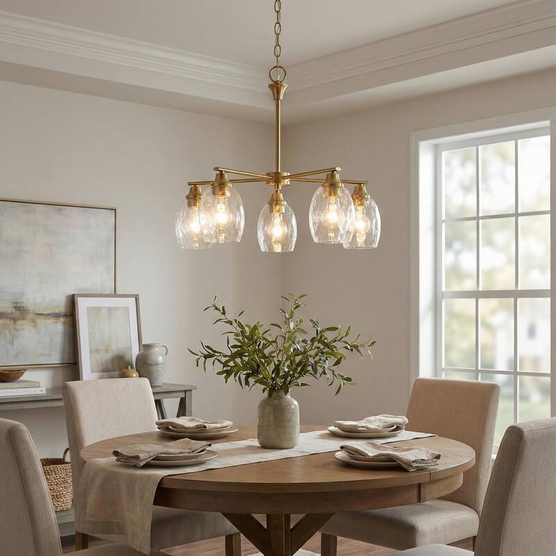 Emar Gold Brass 5-Light Chandelier with Clear Water Glass Shades