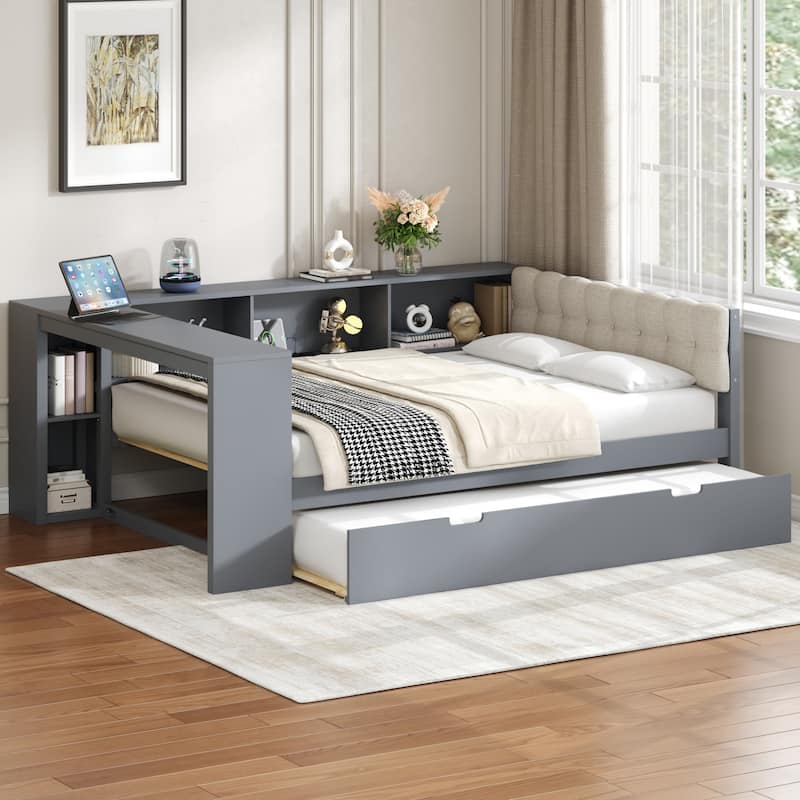 Upholstered Sofa Bed, Wood Daybed, L-shaped Bed Frame with Desk, Shelves, Charging Station, and Optional with Trundle or Drawers