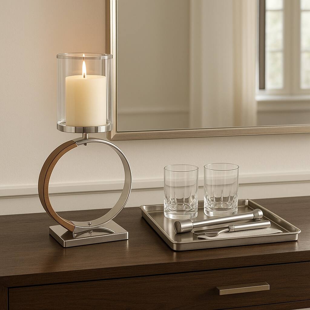 Metal Wood Candle Holder Modern Semi Ring Detail for Home Decor - 12" x 5.5" x 21.5"