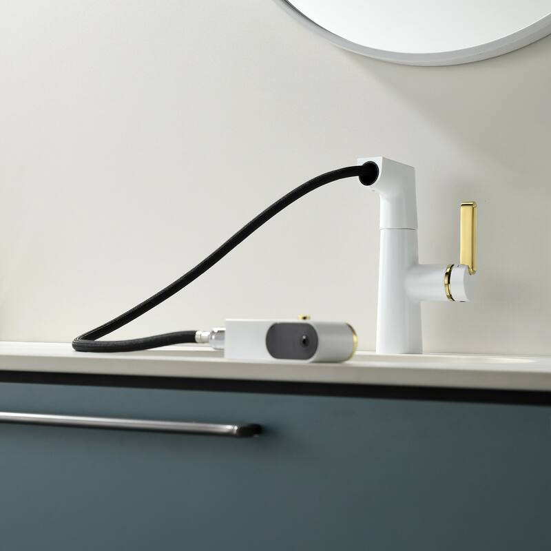 Single Handle Pull-Out Digital Display White Bathroom Faucet