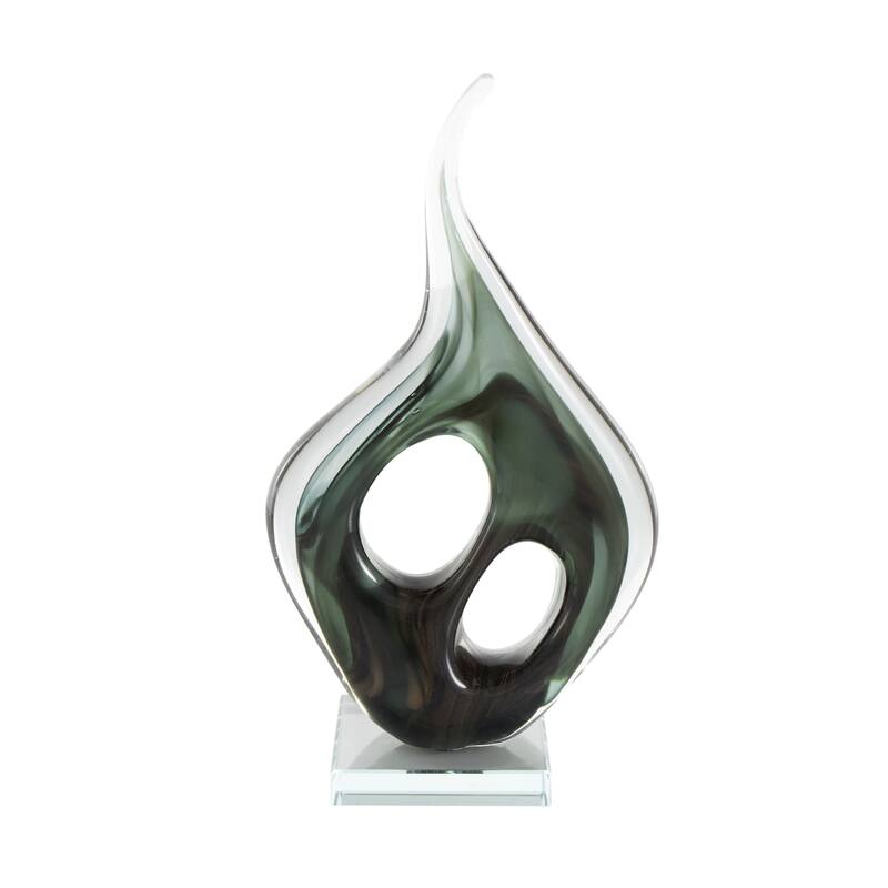 Green Glass Curved Cutout Abstract Decorative Sculpture with Swirl Patterns