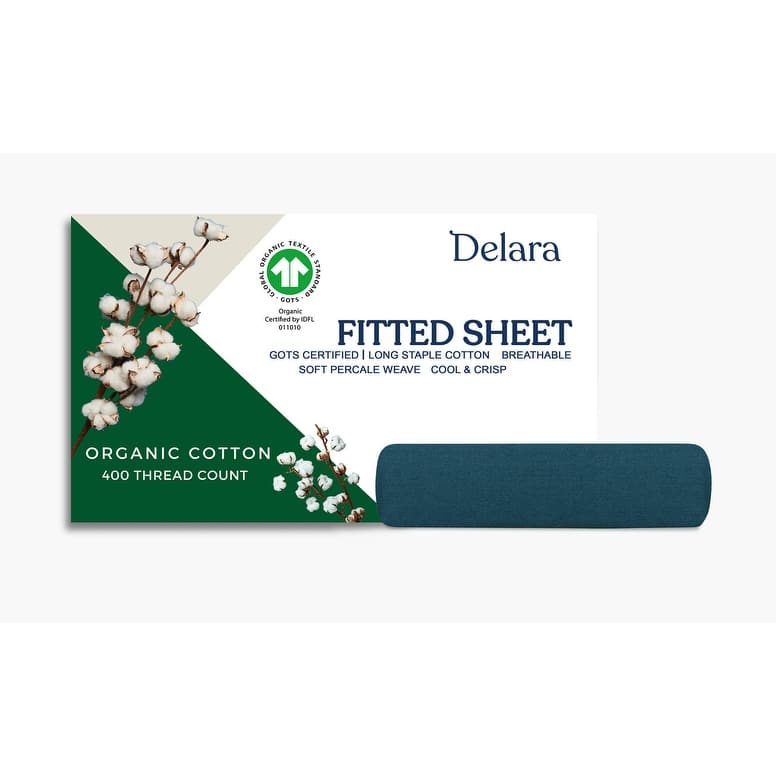 Delara 100% Organic Cotton Percale Fitted Sheet, Fitted Sheet, GOTS Certified, Ultra Soft 400 Thread Count - Cal King (72"X84") - Midnight Blue