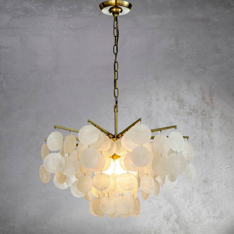 CraftHome Modern Coastal Tier Capiz Shell Chandelier in Antique Gold - W 22"