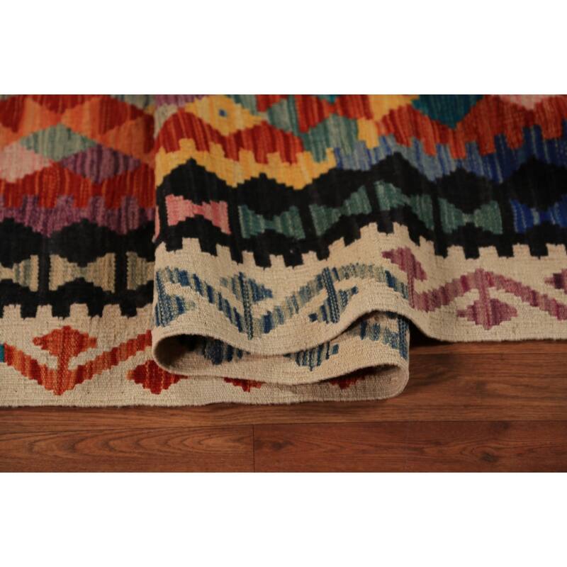 Geometric Kilim Oriental Area Rug Hand-Woven Tribal Orange Wool Carpet - 10'1"x 12'11"