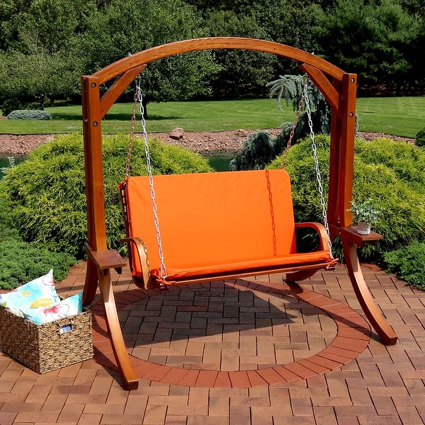 Sunnydaze Deluxe 2 Person Outdoor Wooden Patio Swing with Burnt Orange Cushions