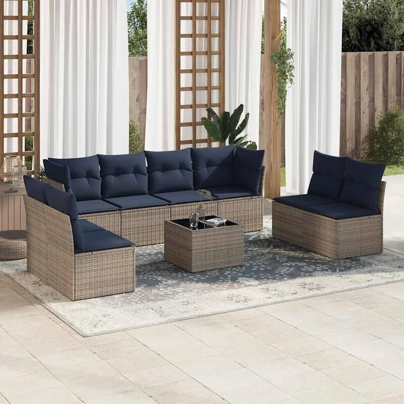 vidaXL 8/9 Piece Patio Sofa Set with Cushions Brown/Gray Poly Rattan - 24.4 x 24.4 x 27.2 - Beige and gray With table