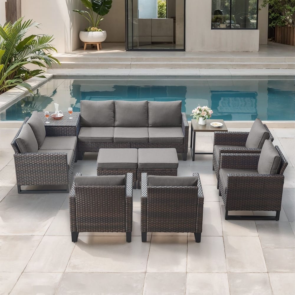Gymojoy 9-11 Person All-Weather Wicker Outdoor Conversation Set Seating Group With lounge Chairs And Ottomans