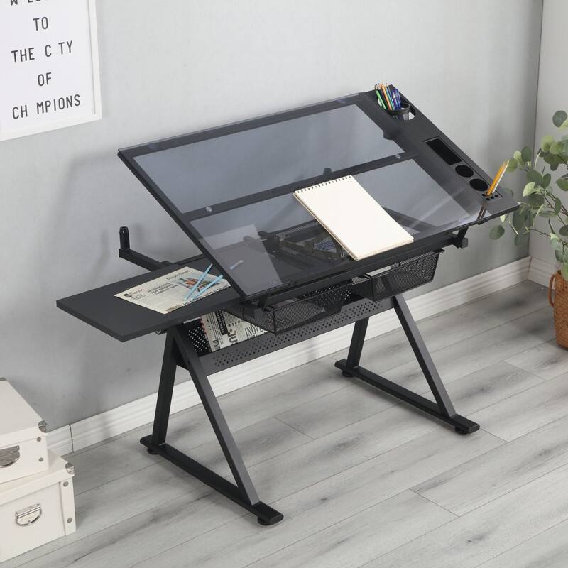 Black Adjustable Glass Drafting & Printing Table Set with Stool