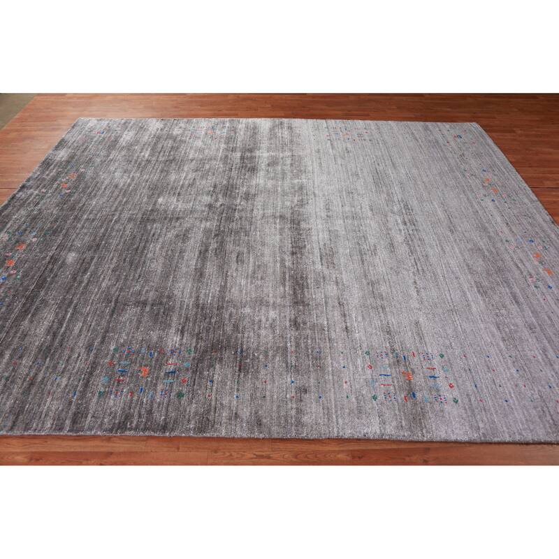 Hand Knotted Oriental Viscose Silk Carpet Tribal Stripe Greys & Charcoal Gabbeh Area Rug - 9' 9'' X 8' 0''