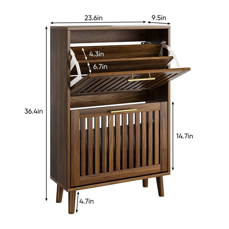 Roomfitters Mid-Century Modern Tilt Out Shoe Cabinet with Slatted Doors, Slim Entryway Shoe Storage Organizer, Walnut