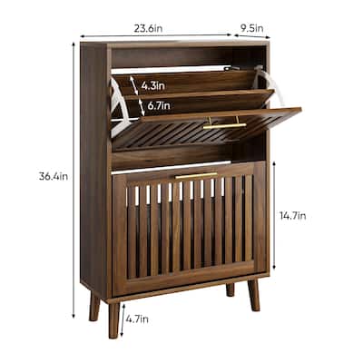 Shoe Cabinet with 2 Louvered Flip Drawers, Wood Entryway Narrow Shoe Cabinet, Slim Storage Shoe Rack with Adjustable Shelf