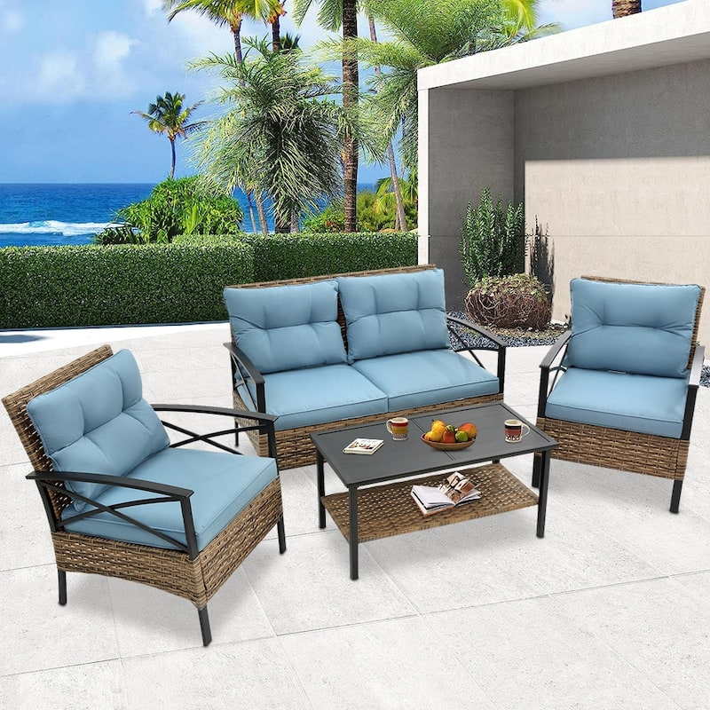 4-Piece Outdoor Patio Rattan Furniture Set, Thick Cushions&Side Table - 1 Table+2 Single chairs+1 Loveseat