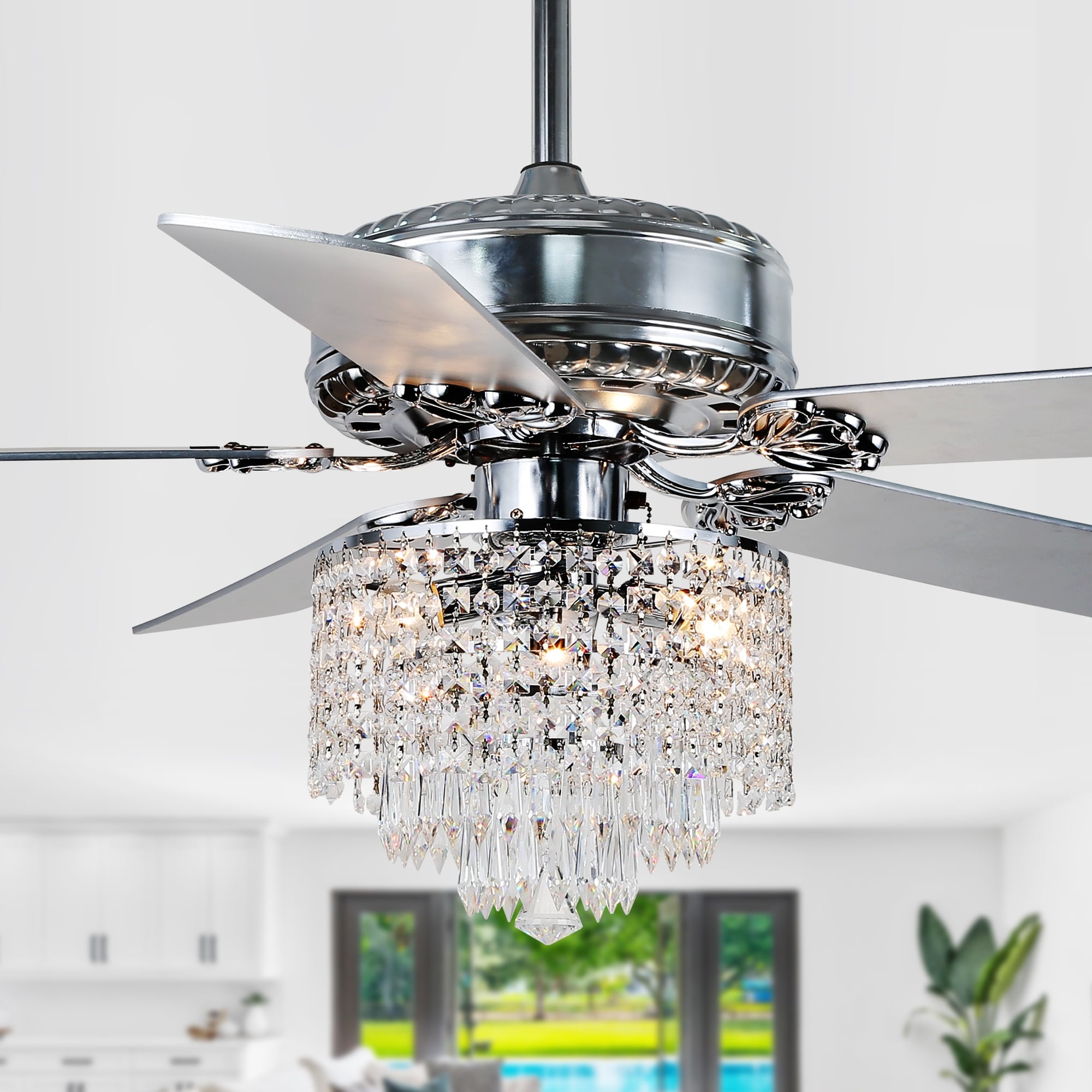 52" Modern Indoor Reversible Crystal Drum Ceiling Fan with Remote Control and Light Kit 6-speed DC Motor