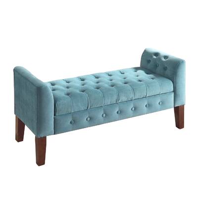 Velvet Upholstered Button Tufted Wooden Bench Settee With Hinged Storage, Teal Blue and Brown