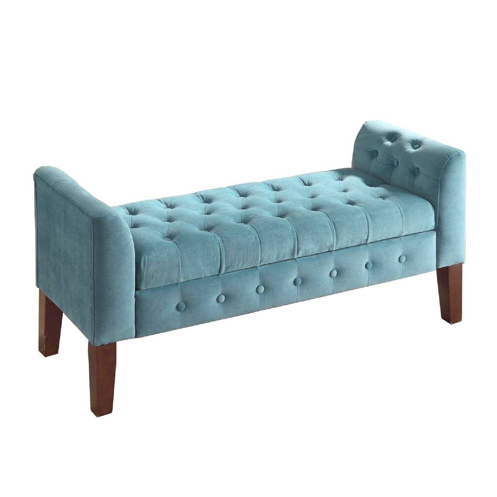 Velvet Upholstered Button Tufted Wooden Bench Settee With Hinged Storage, Teal Blue and Brown
