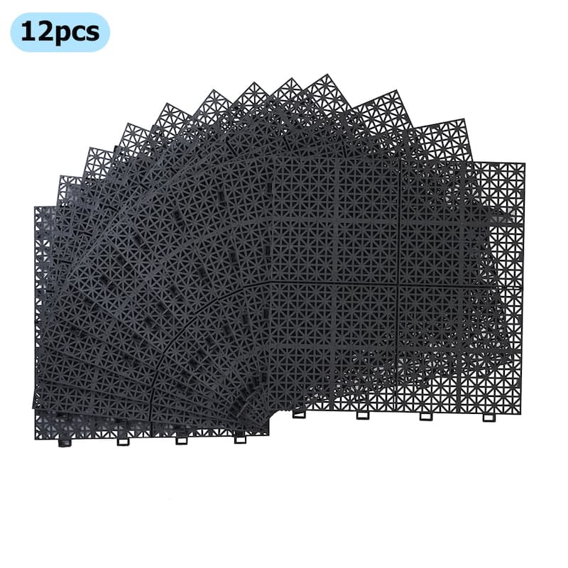 1 ft. x 1 ft. All-Weather Outdoor Plastic Composite Interlocking Deck Tiles, Garage Floor Tiles, Box of 12 - Black