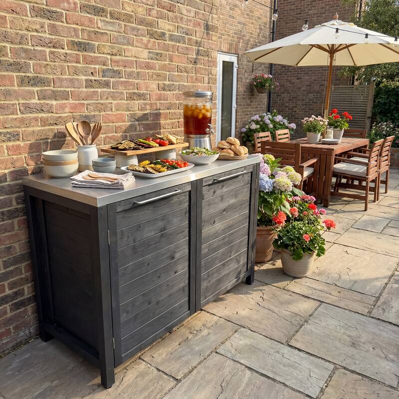 Modular Outdoor Kitchen Island Set, 100% Solid Wood BBQ Cabinet , Patio Kitchen Bar Table - 51.2"W(Black Wood)