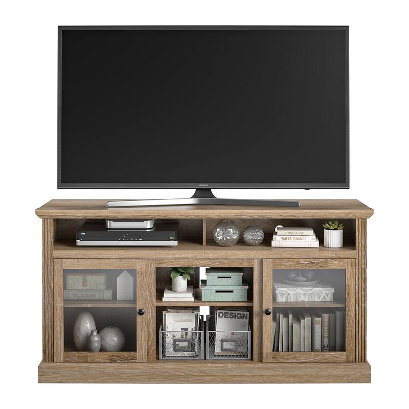 Roomfitters Chicago TV Stand for TVs up to 65 Inches with Glass Cabinet Doors, Natural Woodgrain Finish