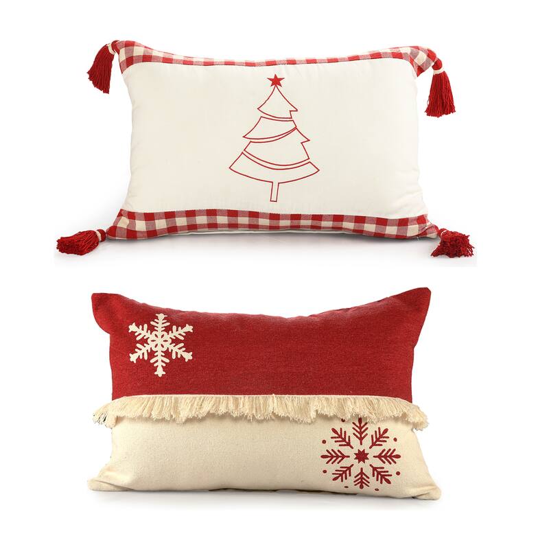 Set of Two Red And White Lumbar Christmas Cotton Throw Pillow Covers