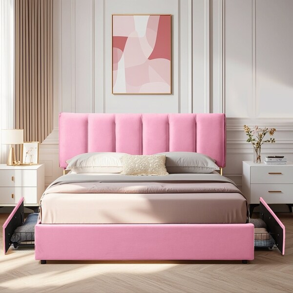 Pink Bed Frame with 4 Storage Drawers, Upholstered Platform