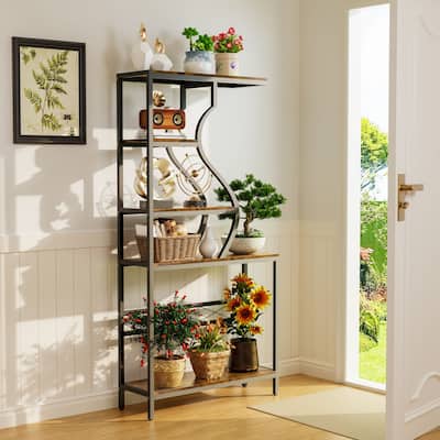 Tall 5-Tier Industrial Metal & Wood Plant Stand, Bookshelf, Bonsai Display - 36" W x 12" D x 72" H