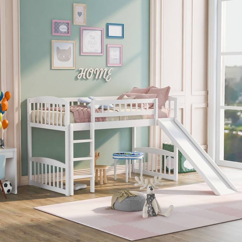 White Twin Loft Bed with Slide and Ladder, Space-Saving Design - White