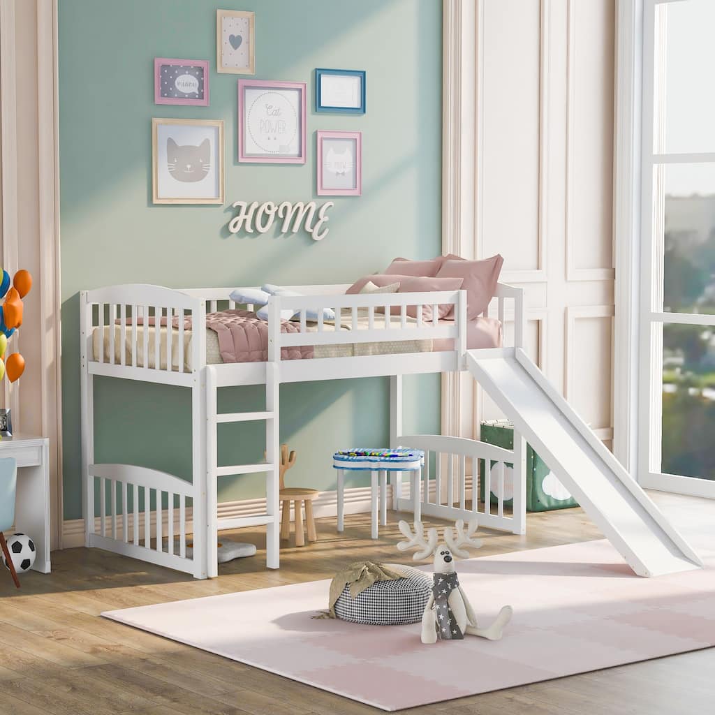 White Twin Loft Bed with Slide and Ladder, Space-Saving Design