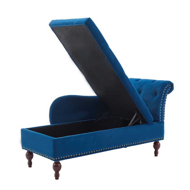 Velvet Chaise Lounge with a Storage Function, Tufted Cushions & Nailheads