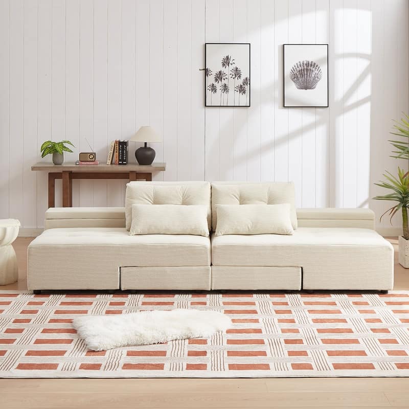 111" Convertible Corduroy 3-in-1 Sofa Bed and Sectional Sofa with Storage, 4 Pillows