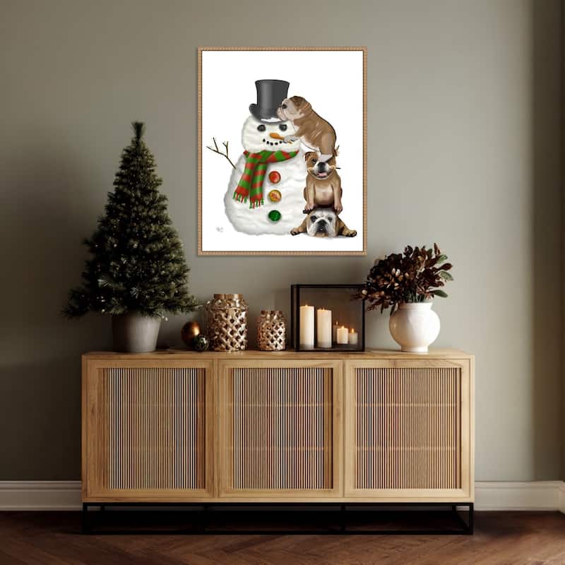 Christmas English Bulldogs Building Snowman by Fab Funky (23 x 28 in.), Framed Canvas Wall Art Print