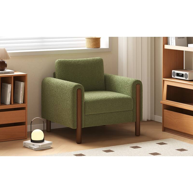 Oversized Upholstered Accent Chair, Ergonomic Single Sofa Chair, Lounge Reading Chair with Curved Armrest & Wooden Legs