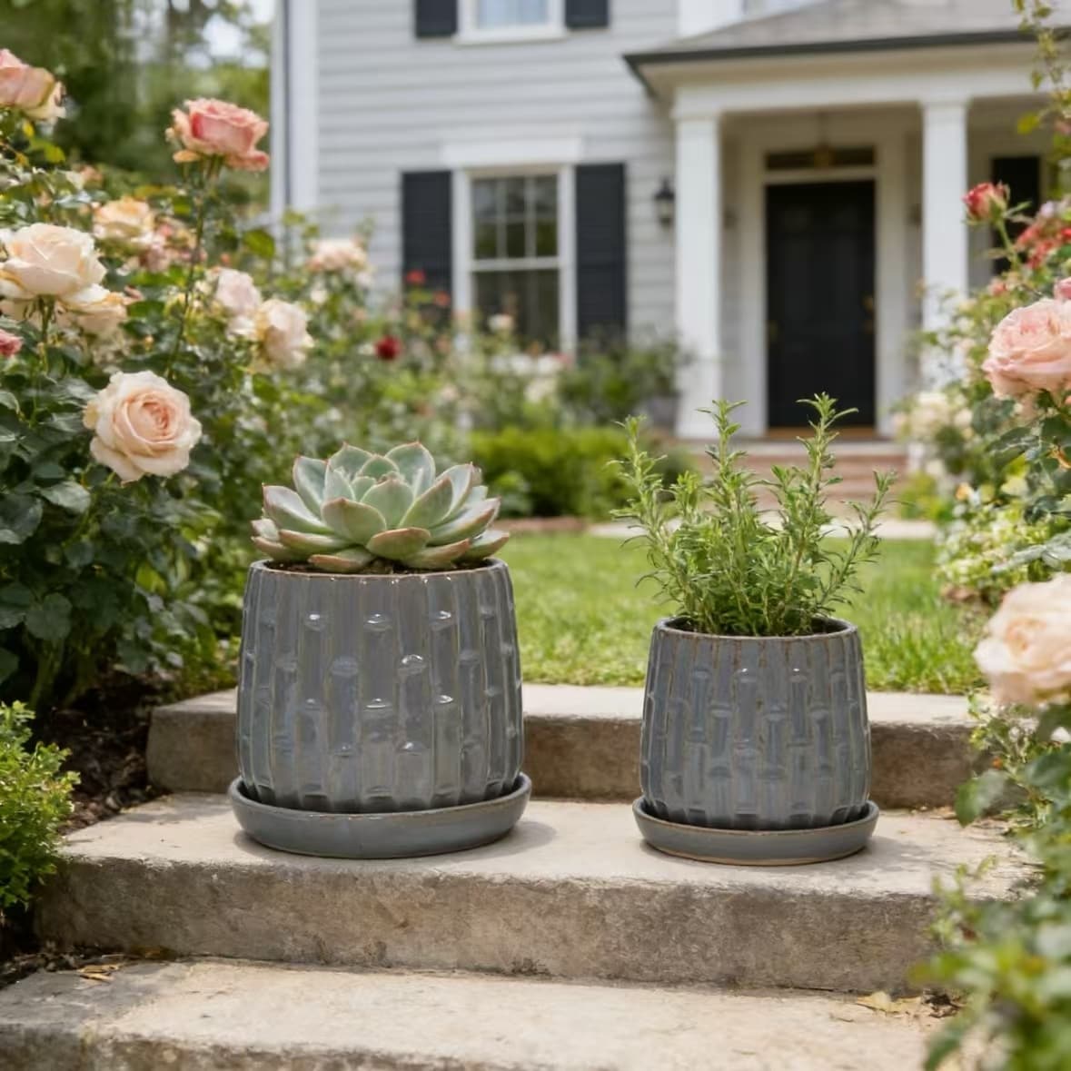Handmade Gray Glazed Ceramic Planter Set of 2, 6" & 8" Diameter