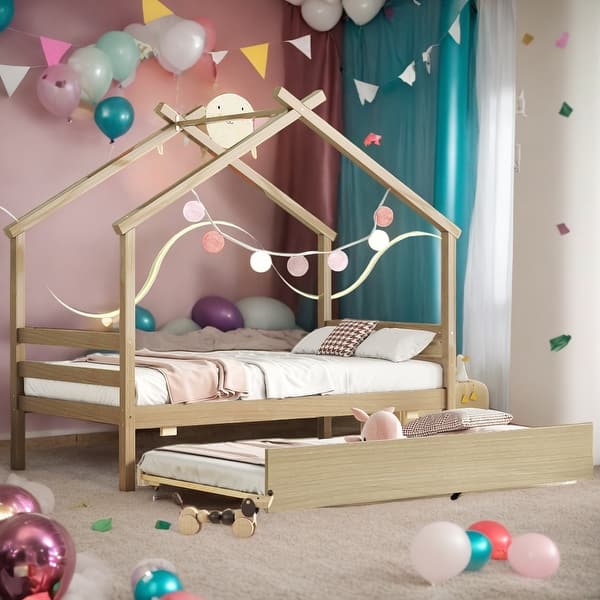 slide 2 of 38, Kids and Baby Twin Size House-shaped Platform Bed with Pull-out Trundle Natural