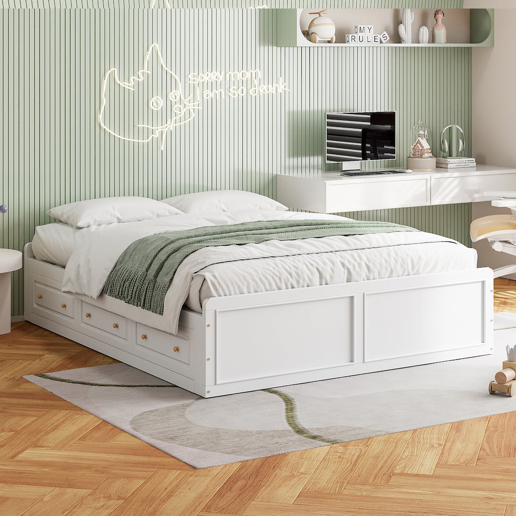 Classic & Simple Queen Size Platform Bed with 6 Storage Drawers, Wood Storage Bed Frame with Wooden Slats, No Box Spring Needed