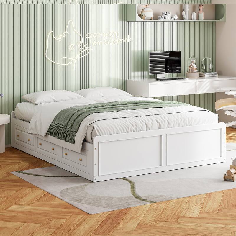 Queen Size Platform Bed Frame with 6 Storage Drawers, White