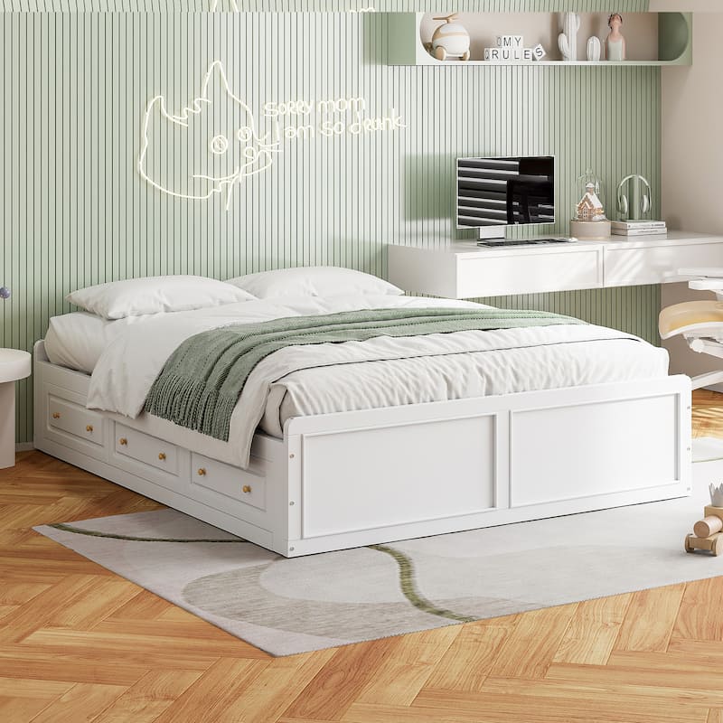 Wood Queen Size Platform Bed Frame with 6 Storage Drawers Sturdy and Space Saving Design