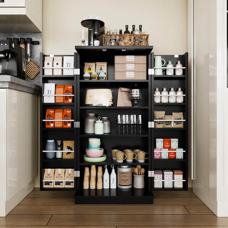 Futzca 47in Pantry Cabinet, Wooden Kitchen Storage Cabinets - Black