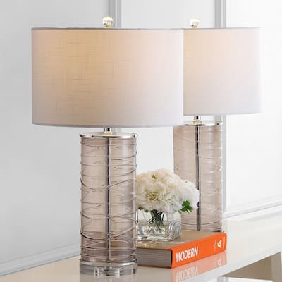 Coco 27.5" Modern Fused Glass Cylinder LED Table Lamp, Turquoise (Set of 2) by JONATHAN Y