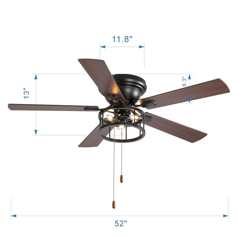 52-inch Flush Mount Matte Black Industrial Ceiling Fan with Pull Chain(5-blade)