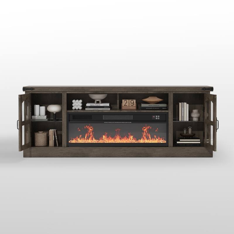 Meyreso 70.8" Vintage Fireplace TV Stand with 36" Electric Insert, Arched Glass Doors & LED Lighting